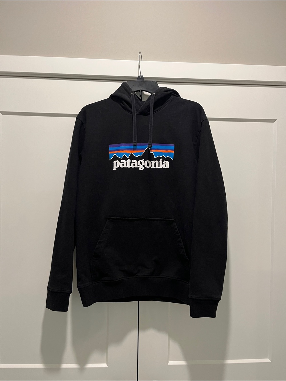 Patagonia Black Hoodie with Blue & Orange Mountain Logo